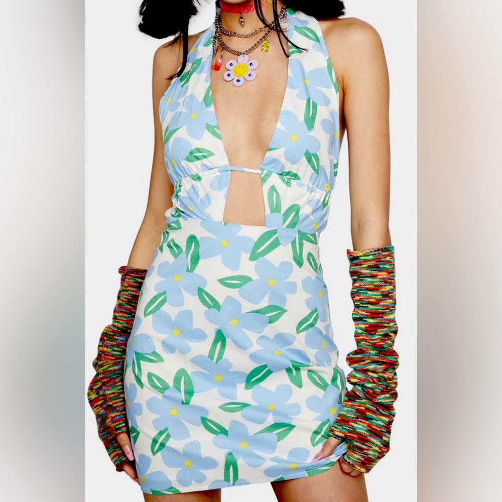 Mini Floral Print Halter Dress w/ adjustable ties and open back Size Large